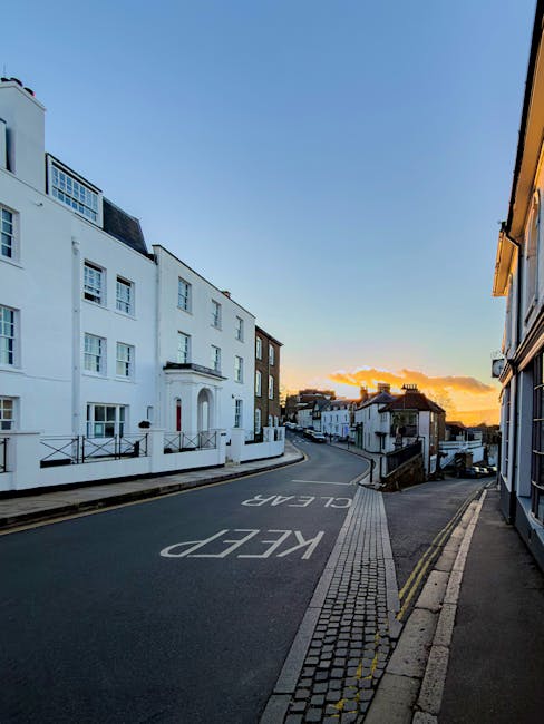 The image does not depict flowers, floral arrangements, or related materials; it shows a quiet street scene with white and brown residential buildings, a paved road with a 'KEEP CLEAR' marking, a scen