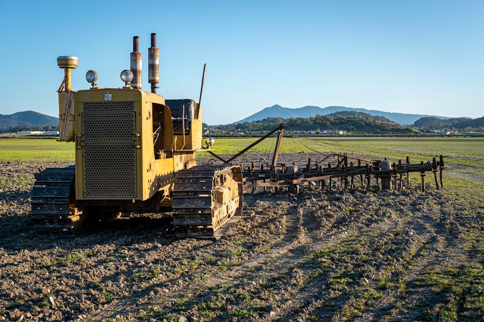 A yellow vintage tractor with a weathered appearance is situated on a cultivated field, equipped with large metal tracks and an adjustable rake attachment at the rear. The tractor's metal surface show