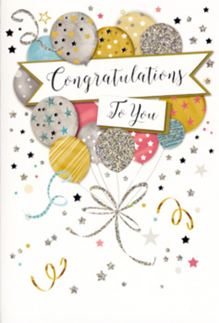 The congratulations card shown here is a carefully balanced celebration scene, illustrated in a palette of soft metallics and gentle pastels that would sit beautifully beside a fresh bouquet delivered anywhere in Harrow. At the centre, a generous cluster of balloons rises upward, each balloon perfectly rounded and slightly overlapping its neighbours, much like blooms in a full, mixed arrangement. The colours range from warm gold and muted champagne to cool silver, sky blue, blush pink, and light dove grey, all accented with twinkling star motifs, fine glitter textures, and narrow stripes that lend depth and shimmer to the artwork. Slim curling ribbons in silver and gold unfurl from the base of the group, their lines flowing down the card in loose, decorative spirals that suggest movement and excitement, reminiscent of festive streamers after a party in one of the cafés near Harrow town centre. Cutting across the composition is a wide, gently arched banner, carrying the phrase Congratulations To You in refined, calligraphic script. The lettering is elegant yet friendly, making the message feel genuinely personal, as though written especially for one cherished person. Surrounding the balloons and banner, small scattered stars, dots, and flecks of confetti float across a pale, uncluttered background, giving the impression of softly falling celebratory glitter. The overall mood is upbeat but sophisticated, perfect for honouring achievements such as exam success, a new job, or a special milestone birthday. As local florists in Harrow, we often imagine this style of card tucked alongside a vibrant congratulatory arrangement, ready to be delivered to homes off Pinner Road or offices near College Road, carrying with it a quietly radiant sense of pride and shared happiness.