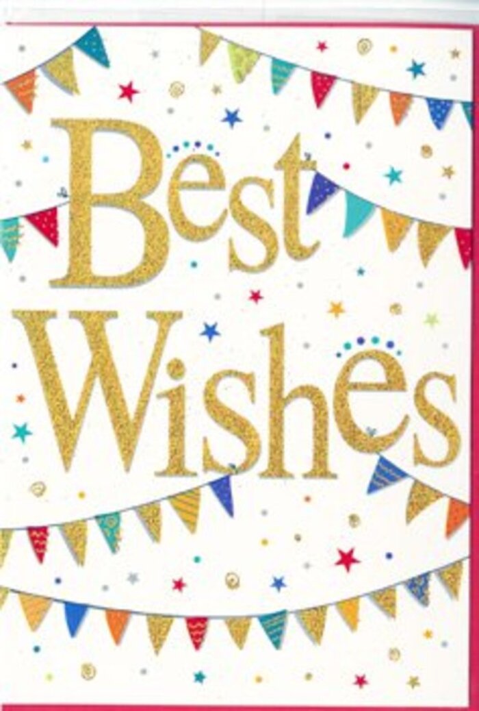 In this uplifting congratulations card, the artwork feels like a snapshot of a small celebration taking place somewhere in Harrow, perhaps after friends gather to share good news. Dominating the centre, the phrase Best Wishes is rendered in luxurious golden script, each letter flowing into the next with confident, calligraphic sweeps. The gold appears subtly textured and reflective, evoking the look of fine foil or glittering embossing that would catch the light in a cosy Harrow home or office. The words sit on a fresh white background that gives them room to breathe, like a clear sky waiting for fireworks. Curving gently above and below, strings of bunting add rhythm and movement. The tiny triangular flags alternate through bright, saturated colours-ruby, sapphire, emerald, sunny yellow, and rosy pink-each one decorated with cheerful patterns such as narrow stripes, playful dots, and small repeating motifs. These decorative details give the impression of care and craftsmanship, echoing the way locals lovingly prepare for parties and community events around Harrow, Pinner, or South Harrow. Dotted around the bunting are petite stars and confetti-like specks in complementary hues, scattered lightly as though caught in a breeze just after being thrown in celebration. The arrangement of these elements is thoughtful rather than chaotic, keeping the design joyful but not overwhelming. The card feels perfectly suited to accompany a bouquet delivered to mark exam success, a new job, a house move, or any special achievement in the area. You can imagine it propped beside a fresh arrangement on a windowsill overlooking Harrow's leafy streets, the gold lettering echoing the heartfelt pride and support behind the gesture. The whole composition radiates upbeat positivity and calm excitement, transforming a simple message into a keepsake of shared happiness.
