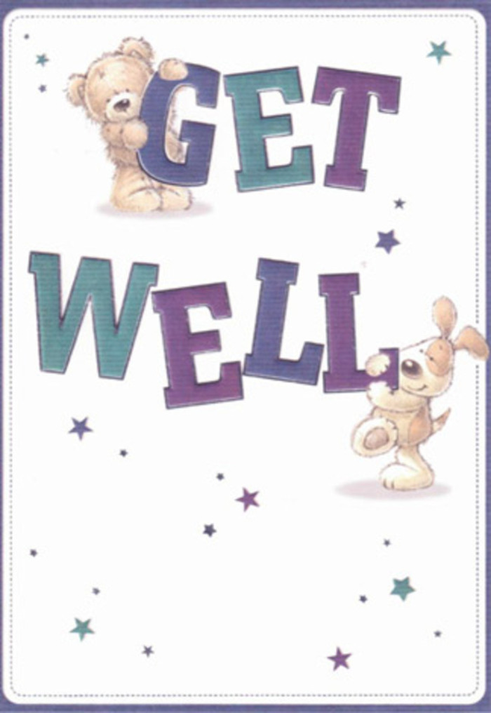 Capturing the gentle encouragement so often delivered with flowers in Harrow, this whimsical get well card features a heartwarming scene: a friendly bear and a lively puppy, both illustrated with light, expressive lines, appear poised to deliver a bundle of warmth to someone convalescing nearby. Dancing starlight-in blues and purples, reminiscent of the bouquets picked in Harrow's weekend markets-floats around the playful pair, each star a token of well-wishing energy. The bold 'Get Well' greeting, shaded in rich purples and cool aquas, anchors the scene with cheerful firmness. One can almost sense the softness of the bear's fur and the satiny ears of the puppy, inviting touch and comfort. The smooth, clean white backdrop suggests a freshness akin to a new floral delivery from a Harrow shop. Imagine pairing this card with a hand-selected bouquet; together they radiate the sincere hope and affection that the area is known for. The mood is airy and reassuring, inviting a smile and a sense of healing-much like the personal attention given by a local florist when choosing flowers to brighten a loved one's stay in hospital or home around Flower delivery Harrow.