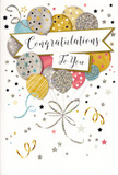 This congratulations card design captures the feeling of a joyful gathering in miniature, like stepping into the moment just after wonderful news has been announced somewhere in Harrow. A bouquet of illustrated balloons fills the centre of the card, their rounded shapes layered close together in a harmonious mix of champagne gold, soft silver, sky blue, dusky pink, and gentle grey. Each balloon is given its own personality through fine details: some are sprinkled with tiny metallic stars, others carry narrow bands of glitter, and a few show subtle speckles that catch an imaginary light, similar to how glass vases glint in a shop window along Station Road. From the base of this balloon bouquet, slender ribbons in silver and gold sweep downward, twisting and looping with an easy, celebratory grace, echoing the trailing stems and foliage in a hand-crafted floral design. A broad central banner glides across the middle, bearing the words Congratulations To You in flowing, decorative script that feels both sincere and stylish, the way a thoughtful handwritten note might appear alongside a gift of flowers. Around the composition, scattered stars, dots, and soft curls of confetti hover against a pale, uncluttered background, suggesting movement, laughter, and that gentle hush of happiness that follows applause. The card's atmosphere is light, festive, and full of affection, ideal for pairing with a congratulatory bouquet sent to a new homeowner near Harrow on the Hill or to someone marking an important achievement at a local school or office. It visually conveys admiration, support, and the simple joy of saying, You did it, and we're so proud of you.
