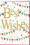 This congratulations card presents a scene of refined festivity, reminiscent of cheerful gatherings around Harrow's neighbourhoods. At its heart, the greeting Best Wishes is written in generous, flowing gold script, the metallic finish gleaming softly as if it has been brushed with real foil. The letters are slightly embossed, adding a tactile richness that feels both celebratory and elegant, much like a carefully chosen gift. Surrounding this central message, delicate strings of bunting sweep across the bright white background in curved lines, suggesting gentle motion. Each tiny, triangular flag is painted in vibrant, party-bright colours-deep blues, lively reds, grassy greens, sunshine yellows, and warm pinks-some adorned with fine stripes, others with tiny dots or mosaic-like details. These decorative patterns bring to mind the bustle and colour of local fairs or seasonal markets near Harrow-on-the-Hill. Sprinkled between the bunting arcs are clusters of miniature stars and confetti dots in co-ordinating tones, scattered as though caught in mid-flight just after being tossed into the air to celebrate a new chapter. The careful spacing of these elements keeps the design light and airy, allowing the gold lettering to remain the clear focus. The card feels versatile yet distinctly joyful, ideal for marking milestones such as graduations, promotions, or engagements for friends and family across Harrow, North Harrow, and surrounding suburbs. It is easy to picture this card nestled beside a fresh floral arrangement on a hallway table after a same-day delivery, the shimmering Best Wishes echoing the sender's pride and encouragement. The overall impression is of warmth, optimism, and shared delight-the visual equivalent of a heartfelt hug and a smile.
