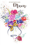 Lush watercolour Mother's Day card illustration depicting a joyful, free-spirited bouquet bursting from a delicate vase, as if freshly designed in a Harrow flower studio. Bold cerise, fuchsia, and deep pink blooms create a passionate heart to the arrangement, while cooler tones of indigo, lilac, and soft blue drift between the petals, balancing energy with calm. Fine, shimmering gold strokes outline select petals, leaves, and tiny floral accents, giving the impression of soft, gilded light playing over a display in a local Harrow florist's window near St Ann's Road. The vase curves gently at the base of the bouquet and is finished with an elegant golden bow, painted with enough detail to suggest the texture of satin ribbon being tied by hand before a delivery heads out towards Harrow Weald or West Harrow. Around the main bouquet, specks of paint and small heart motifs scatter across the white background like petals on a pavement after a breezy spring day. The composition feels intentionally loose, with overlapping strokes and transparent washes of pigment that make the blooms seem to float and dance. No wording appears on the card front; instead, the flowers speak for themselves, conveying affection, appreciation, and the soft joy of Mother's Day. It captures the feeling of surprising a beloved mum with a colourful, artistically arranged bouquet delivered right to her home anywhere in the Harrow area.
